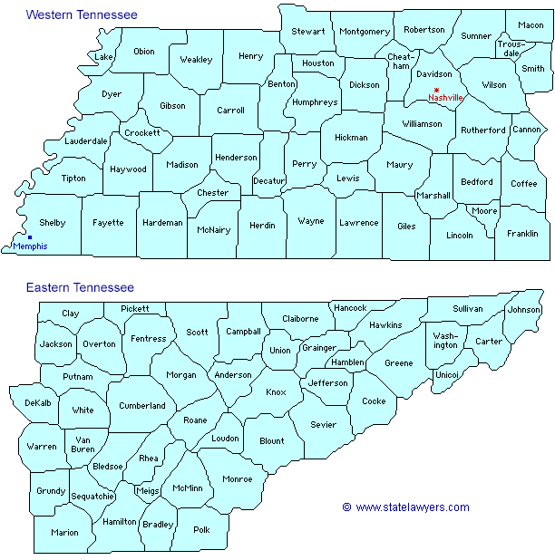 Tennessee County Outline Map.