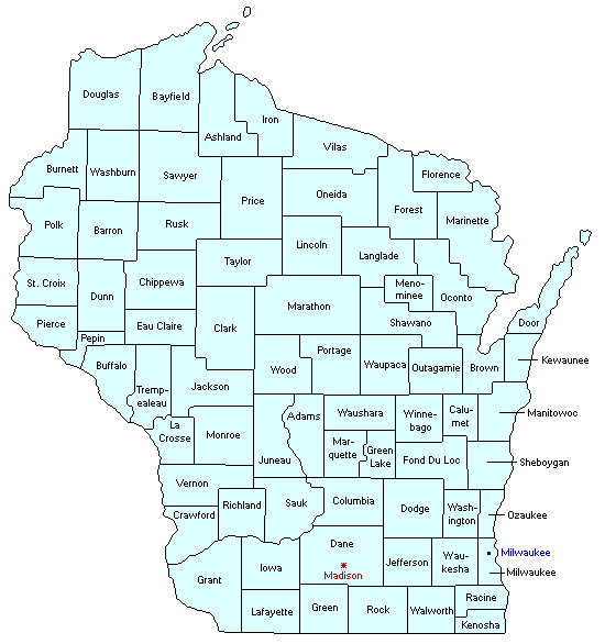 Wisconsin County Outline Map.