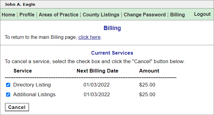 Control Panel - Cancel Billing